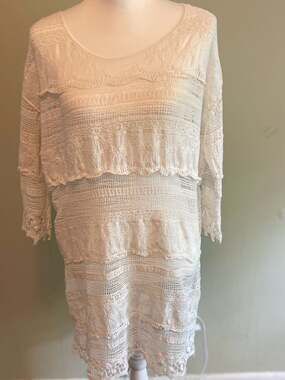 Beach Cover-up, Ivory Lace Boho Shift Dress Sz. M/L, Resort Wear, Overlay
